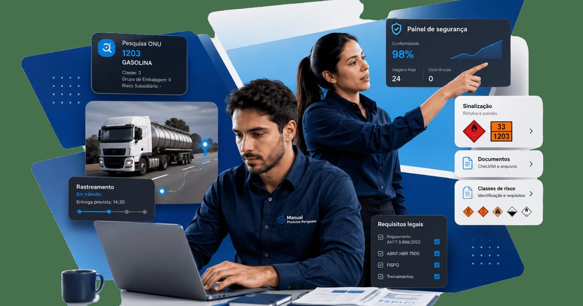Equipe conferindo a conformidade de um frete de produtos perigosos: pesquisa por número ONU, sinalização com rótulos e painéis, checklist e requisitos legais