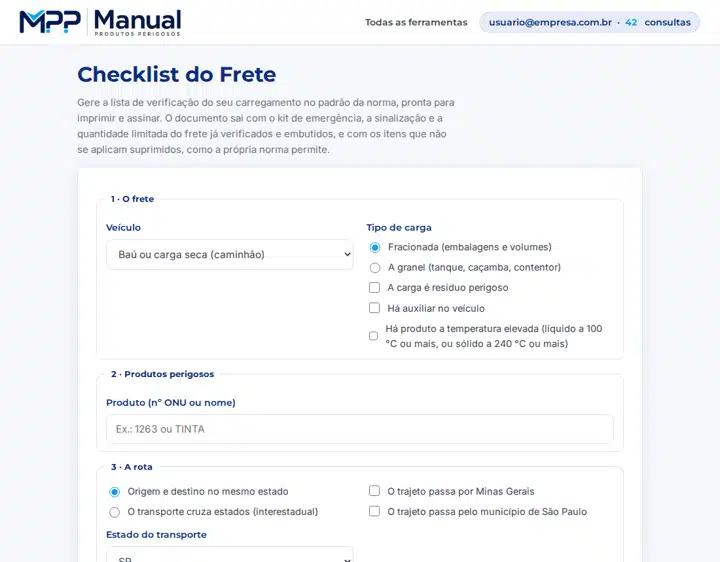 Exemplo de resultado da consulta do checklist do frete, parcialmente desfocado