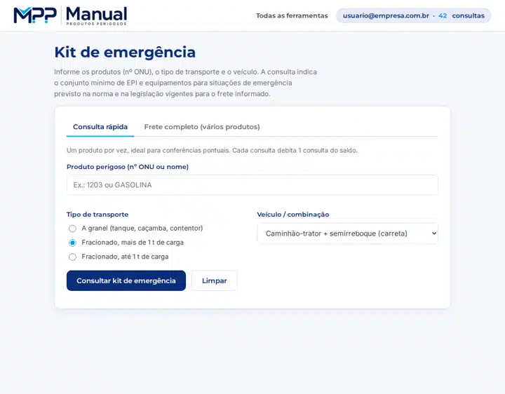 Exemplo de resultado da consulta do kit de emergência, parcialmente desfocado