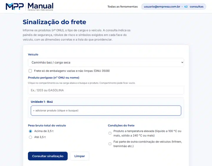 Exemplo de resultado da consulta da sinalização do frete, parcialmente desfocado