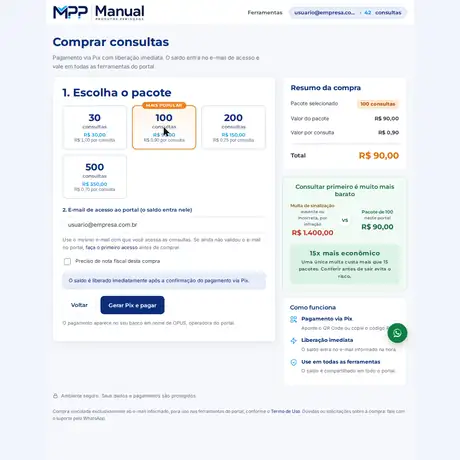 Demonstração da compra: pacote escolhido e Pix gerado